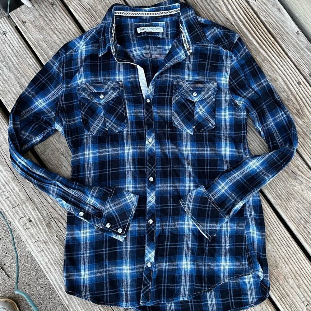BKE Tailored Fit, Blue Plaid Snap Down Flannel Shirt, Men's size 2XL